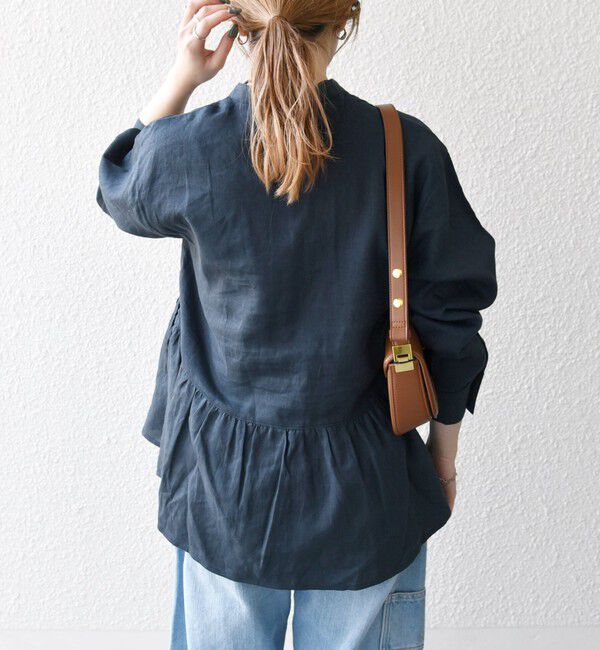 SHIPS any「SHIPS any:〈洗濯機可能〉リネン ミックス リボン ペプラム バンドカラー シャツ 2」|シャツ・ブラウス|