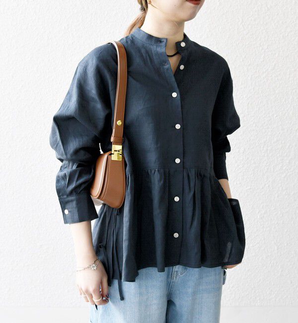SHIPS any「SHIPS any:〈洗濯機可能〉リネン ミックス リボン ペプラム バンドカラー シャツ 2」|シャツ・ブラウス|