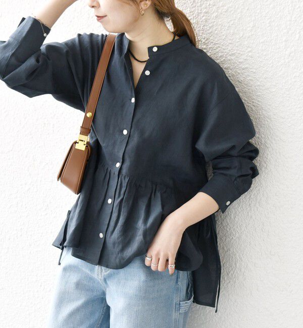 SHIPS any「SHIPS any:〈洗濯機可能〉リネン ミックス リボン ペプラム バンドカラー シャツ 2」|シャツ・ブラウス|