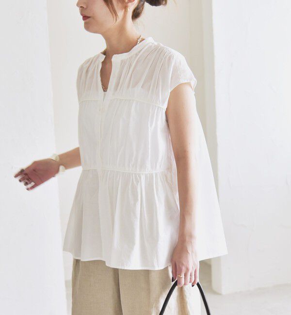 quaranciel「quaranciel:〈手洗い可能〉コットンボイル シアー ギャザー バンドカラー シャツ ブラウス」|シャツ・ブラウス|