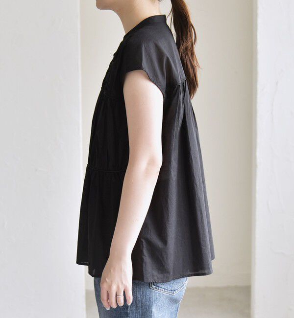 quaranciel「quaranciel:〈手洗い可能〉コットンボイル シアー ギャザー バンドカラー シャツ ブラウス」|シャツ・ブラウス|