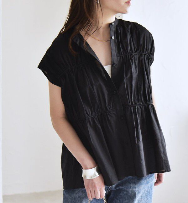 quaranciel「quaranciel:〈手洗い可能〉コットンボイル シアー ギャザー バンドカラー シャツ ブラウス」|シャツ・ブラウス|