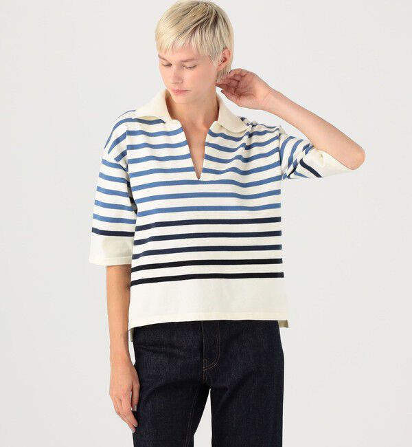 MACPHEE「コットンポリエステルボーダー スキッパープルオーバー」|ニット・セーター|