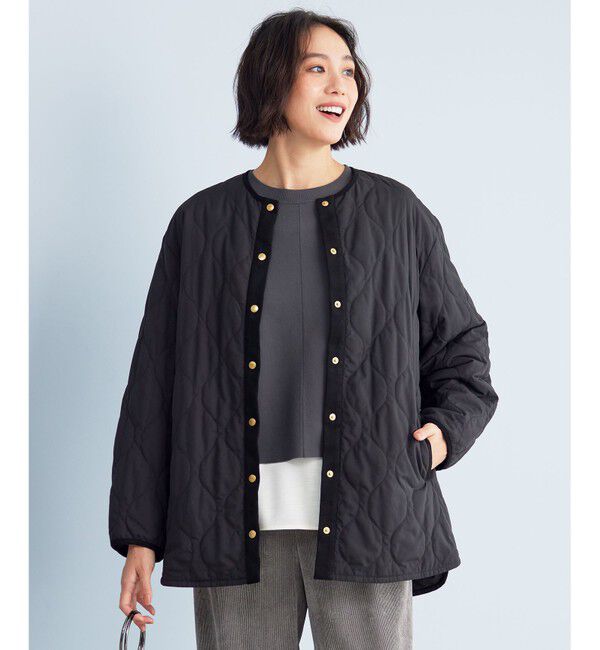 自由区「【洗える】パディングキルト アウター」|ノーカラージャケット|ブラック