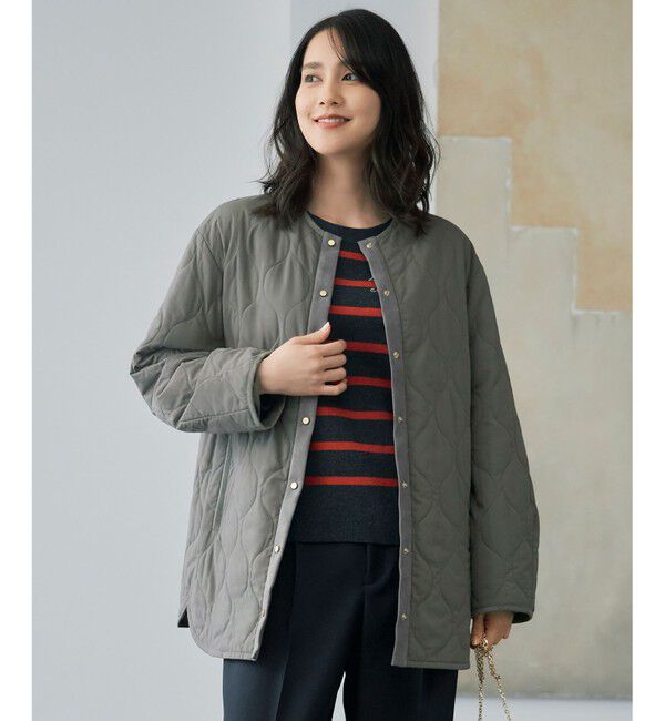 自由区「【洗える】パディングキルト アウター」|ノーカラージャケット|カーキ