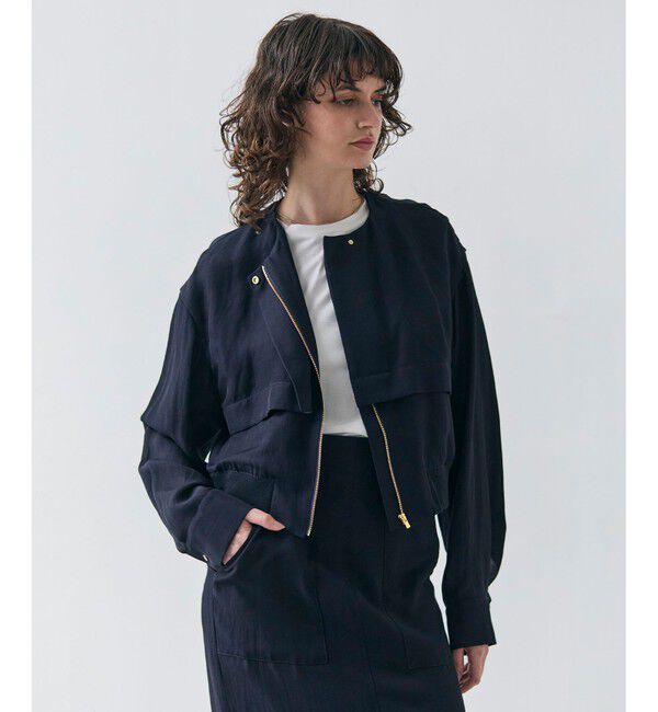 BEIGE,「【洗える】BERNARD / リネンノーカラーラップブルゾン」|ノーカラージャケット|Navy