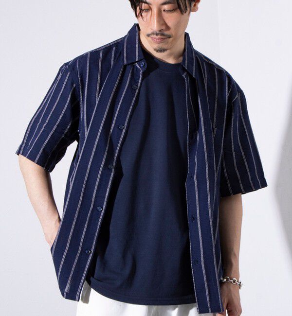 GLOSTER「【GLOSTER/グロスター】空羽ストライプシャツ 半袖シャツ ボックスシルエット」|シャツ・ブラウス|ネイビー