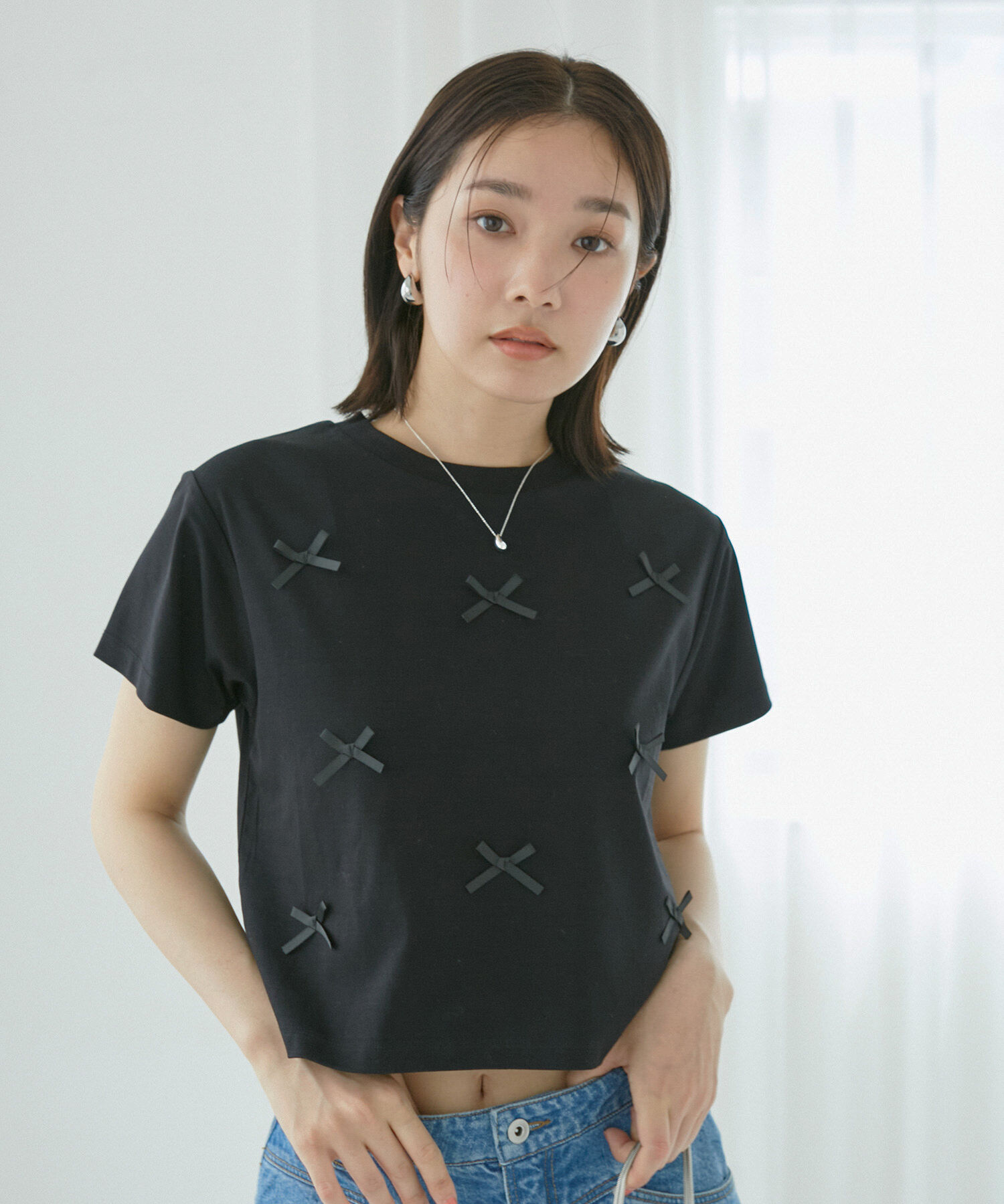 VIS「【接触冷感・洗える】シルケットリボンTシャツ」|Tシャツ・カットソー|