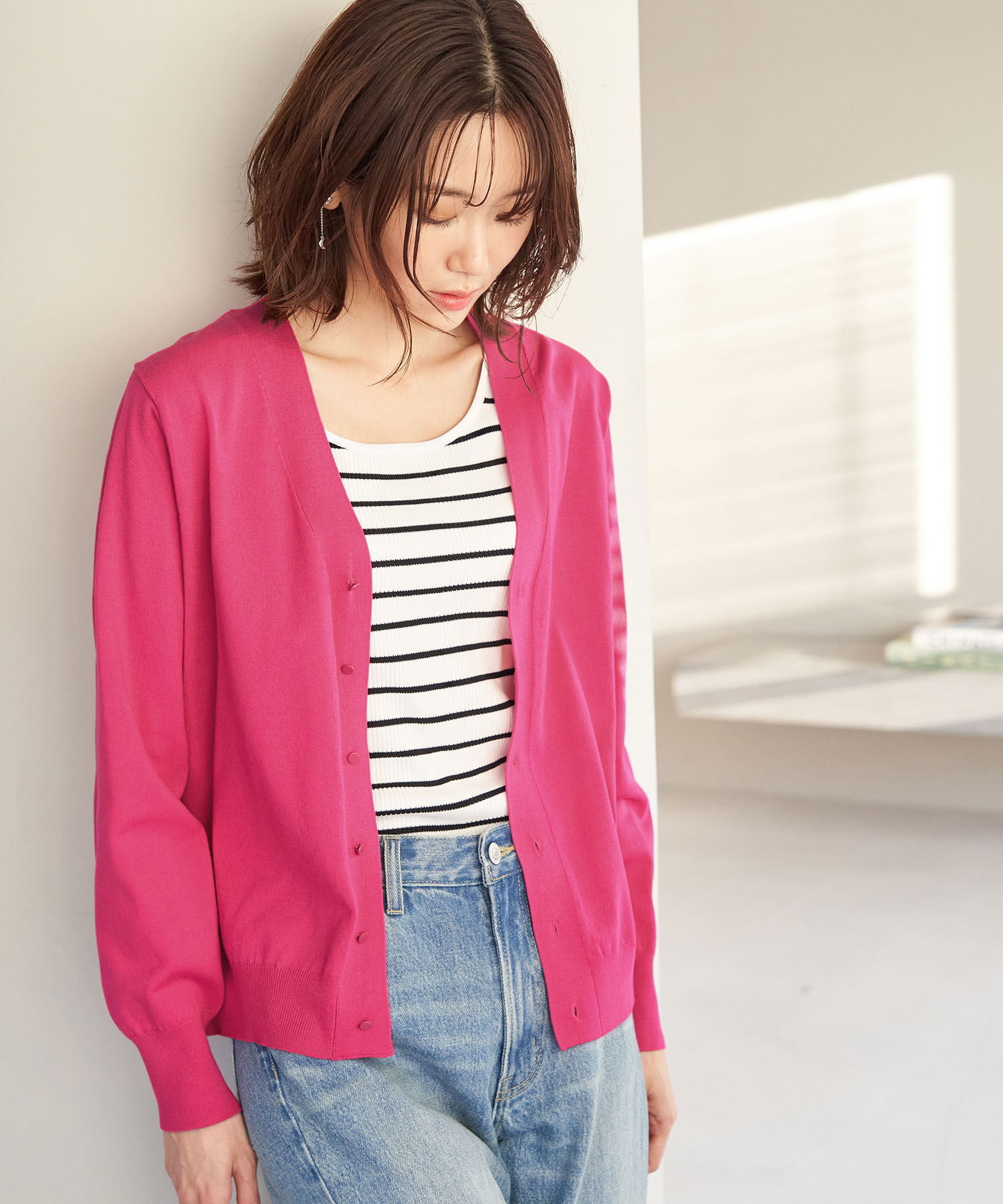 Rope&rsquo;Picnic「天竺Vネックニットカーディガン」|カーディガン|ピンク系(65)