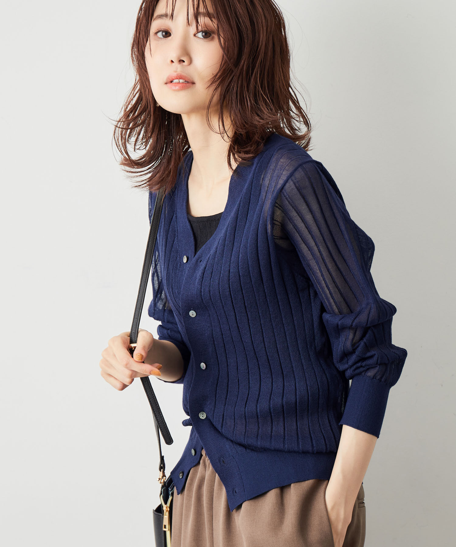 Rope&rsquo;Picnic「洗える/シアーワイドリブカーディガン」|カーディガン|ネイビー(40)