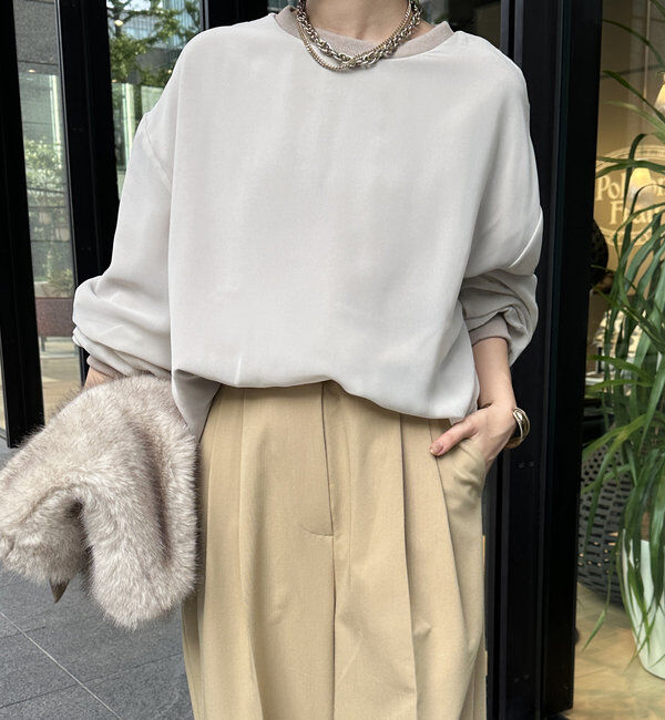  「【WEB限定】裏毛&times;シフォンレイヤードプルオーバー」|Tシャツ・カットソー|グレージュ