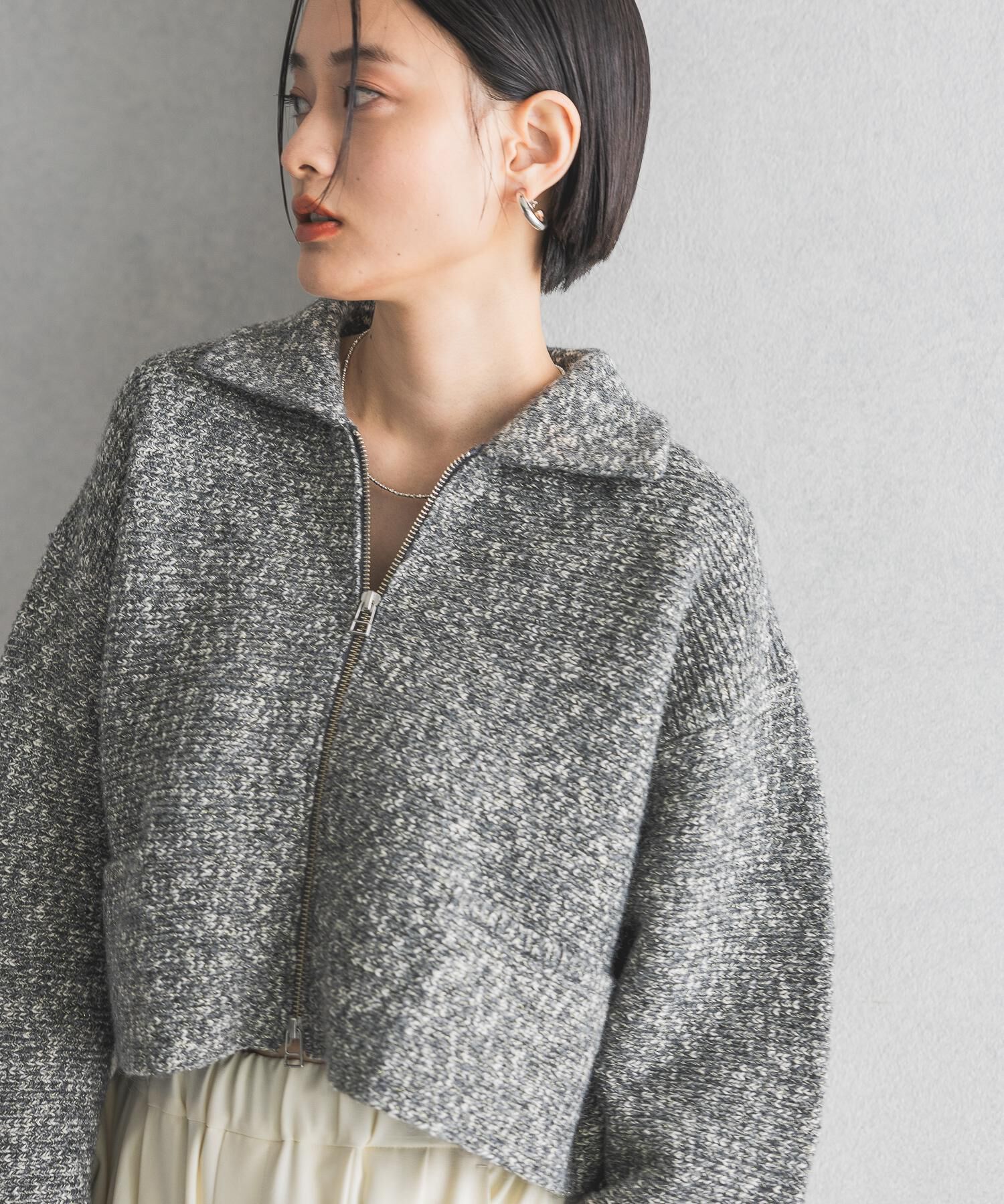A part by 「ラメエリZIPカーディガン」|ニット・セーター|チャコールグレー