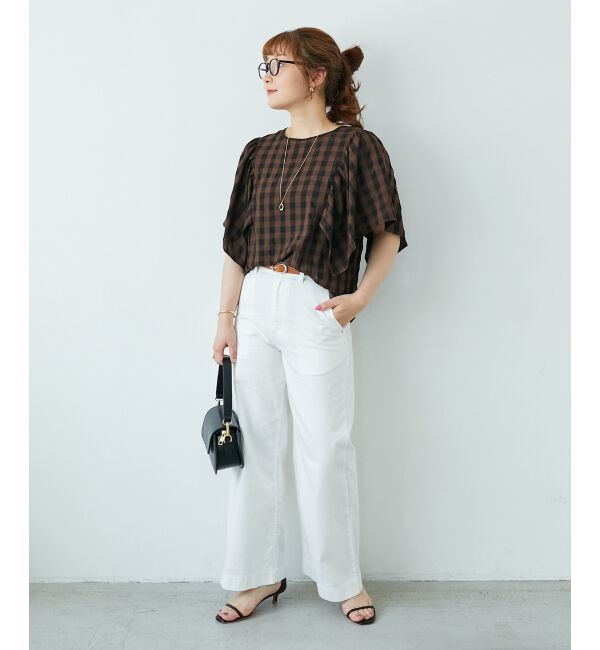  「《手洗い可能》ギンガムギャザーフレアスリーブブラウス」|シャツ・ブラウス|