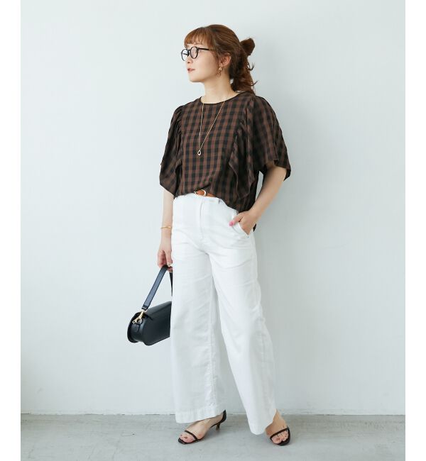  「《手洗い可能》ギンガムギャザーフレアスリーブブラウス」|シャツ・ブラウス|