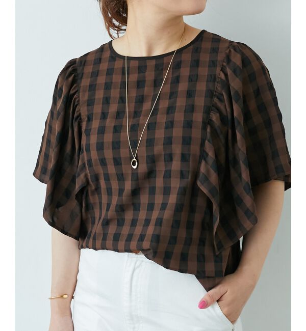  「《手洗い可能》ギンガムギャザーフレアスリーブブラウス」|シャツ・ブラウス|