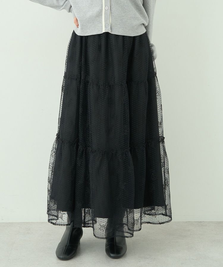 earth music&ecology「フラワー刺繍チュールスカート」|フレア|Black