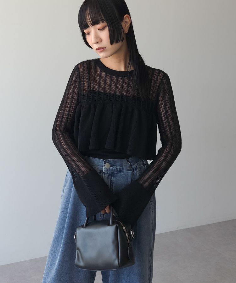 AnriettMusee「2WAY ラッフル切替ニットトップス」|カーディガン|Black