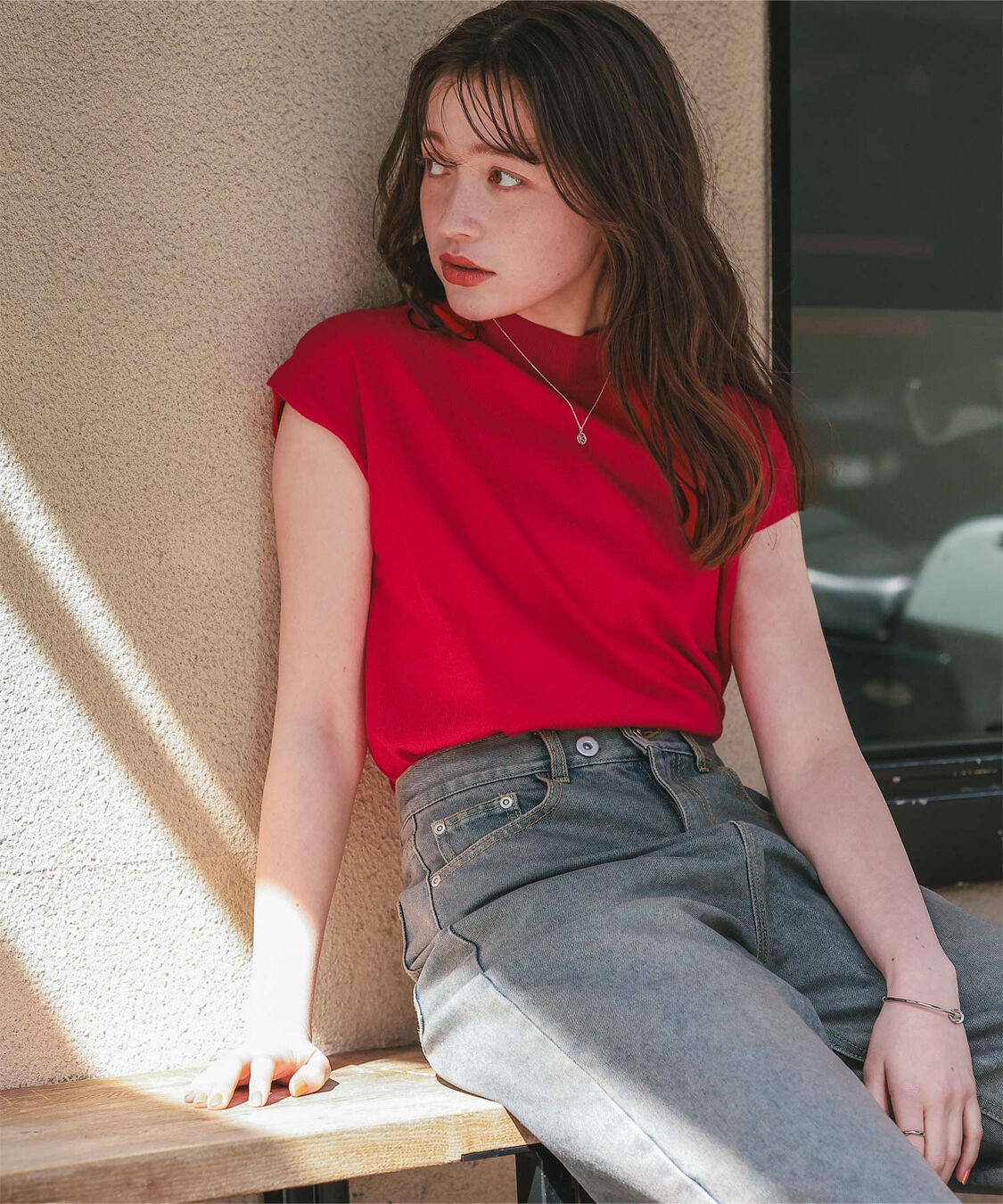 titivate「ベーシックフレンチスリーブライトニット」|ニット・セーター|レッド