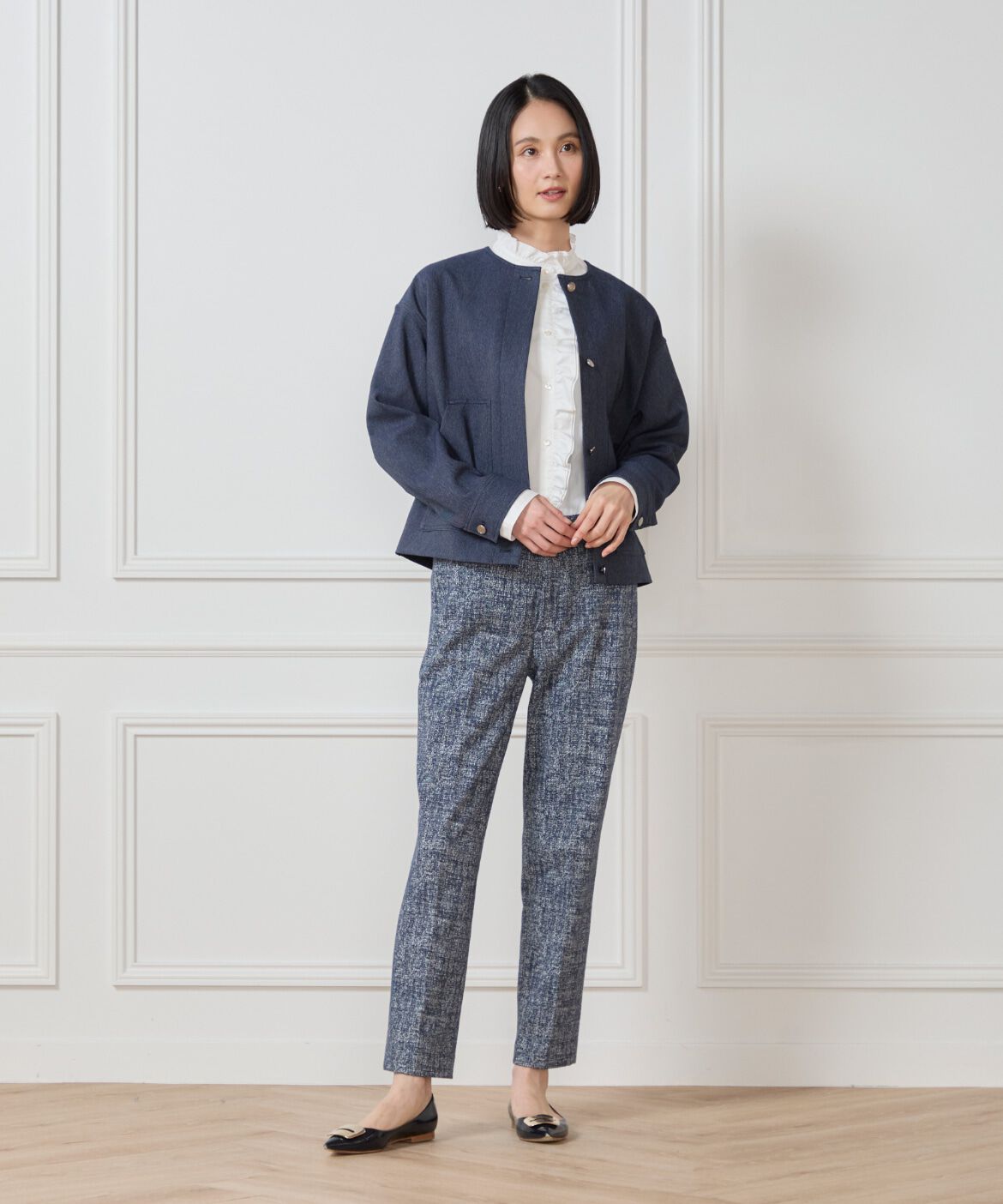 7-IDconcept.「デニムノーカラーブルゾン」|ノーカラージャケット|