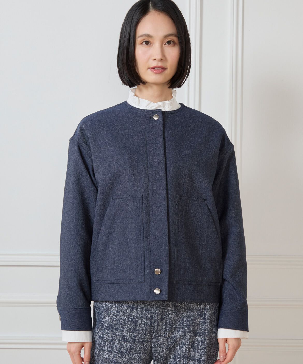 7-IDconcept.「デニムノーカラーブルゾン」|ノーカラージャケット|