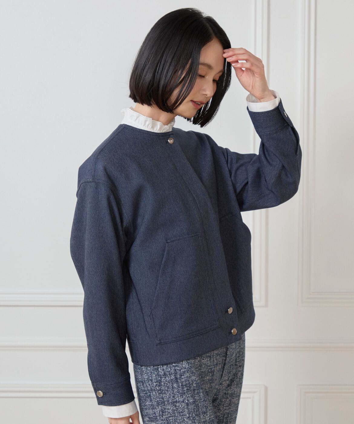 7-IDconcept.「デニムノーカラーブルゾン」|ノーカラージャケット|