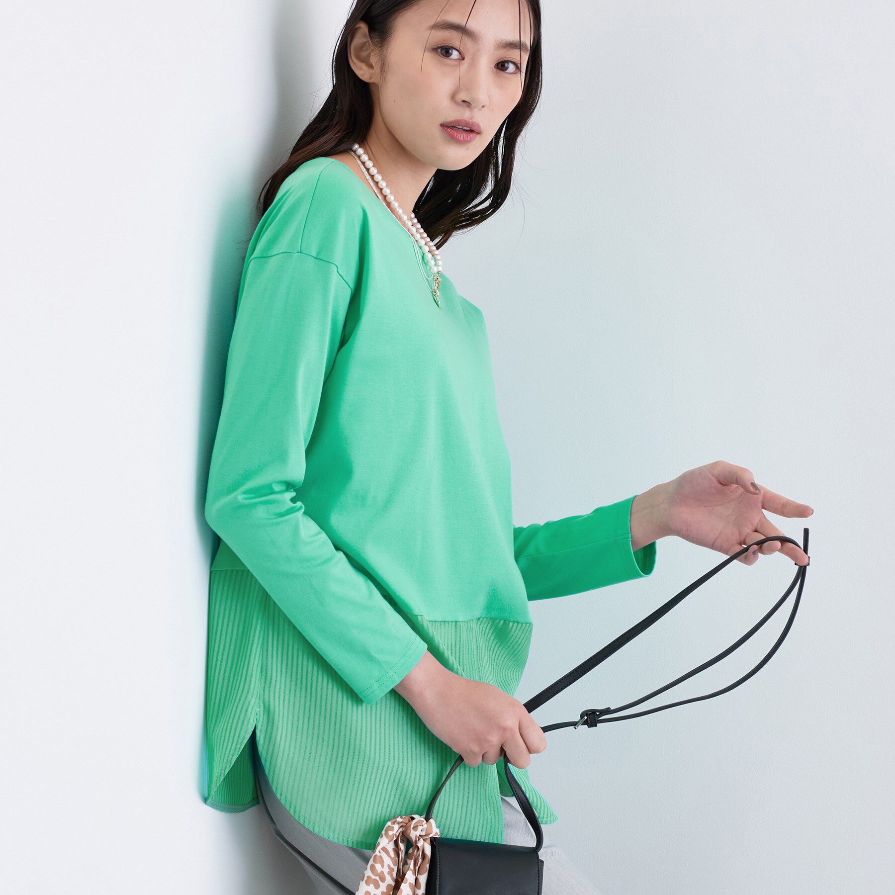 INDIVI「【コットン】シャツ切り替えカットソー」|Tシャツ・カットソー|グリーン(022)