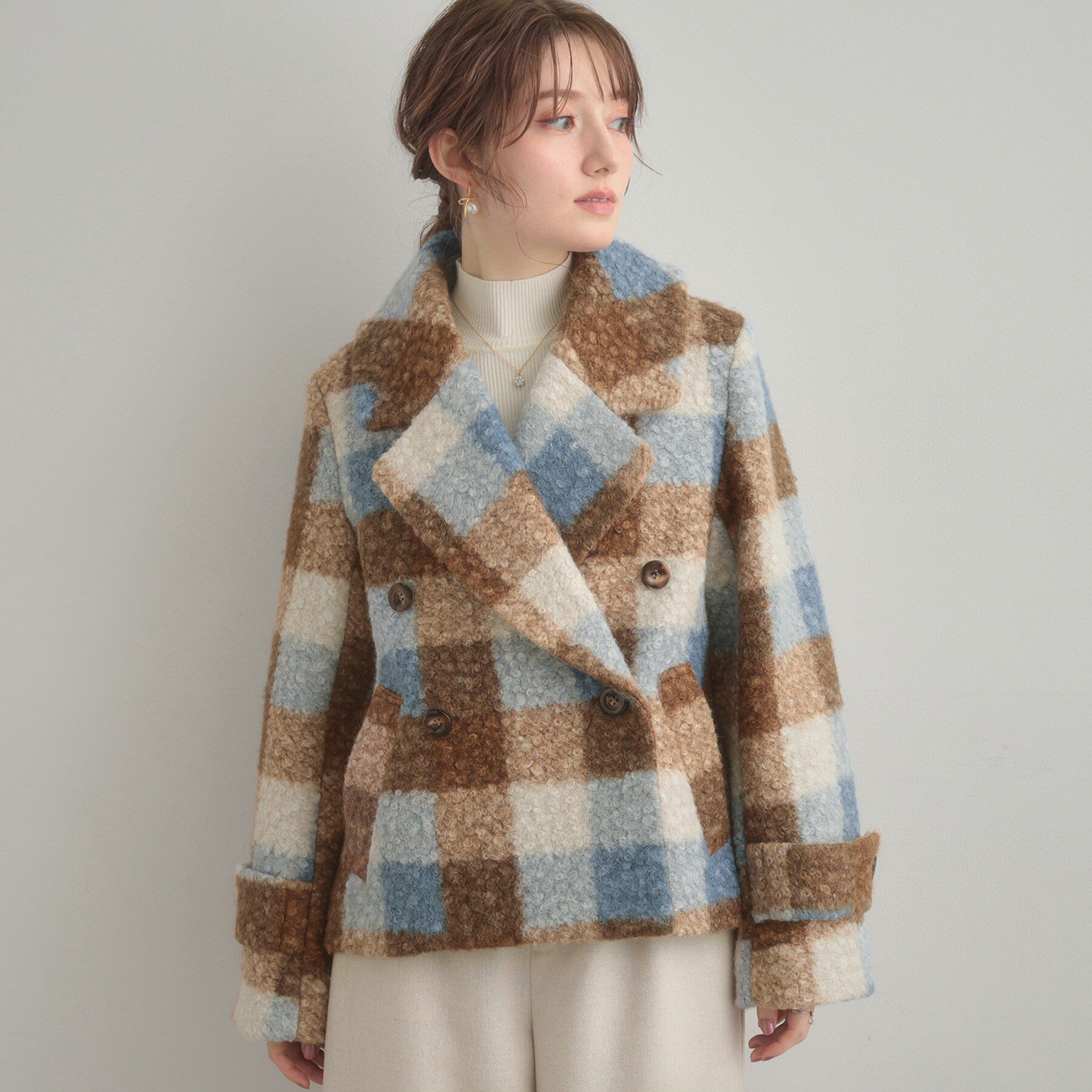 Couture broach「【S-LL/無地・チェック柄】プードルボア ショートコート」|ピーコート|