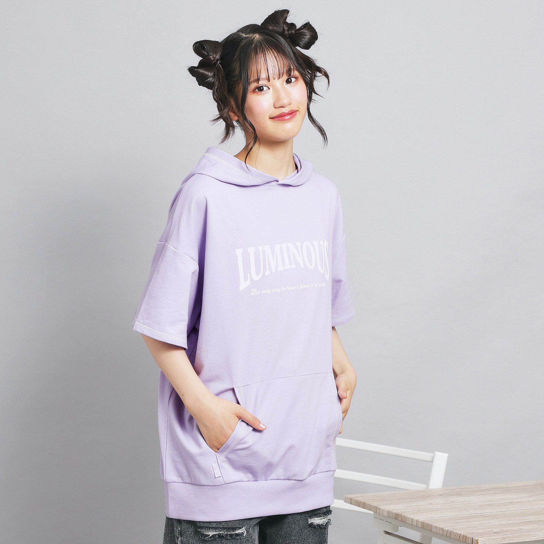 PINK-latte「配色ステッチパーカチュニック」|パーカー|ラベンダー(080)