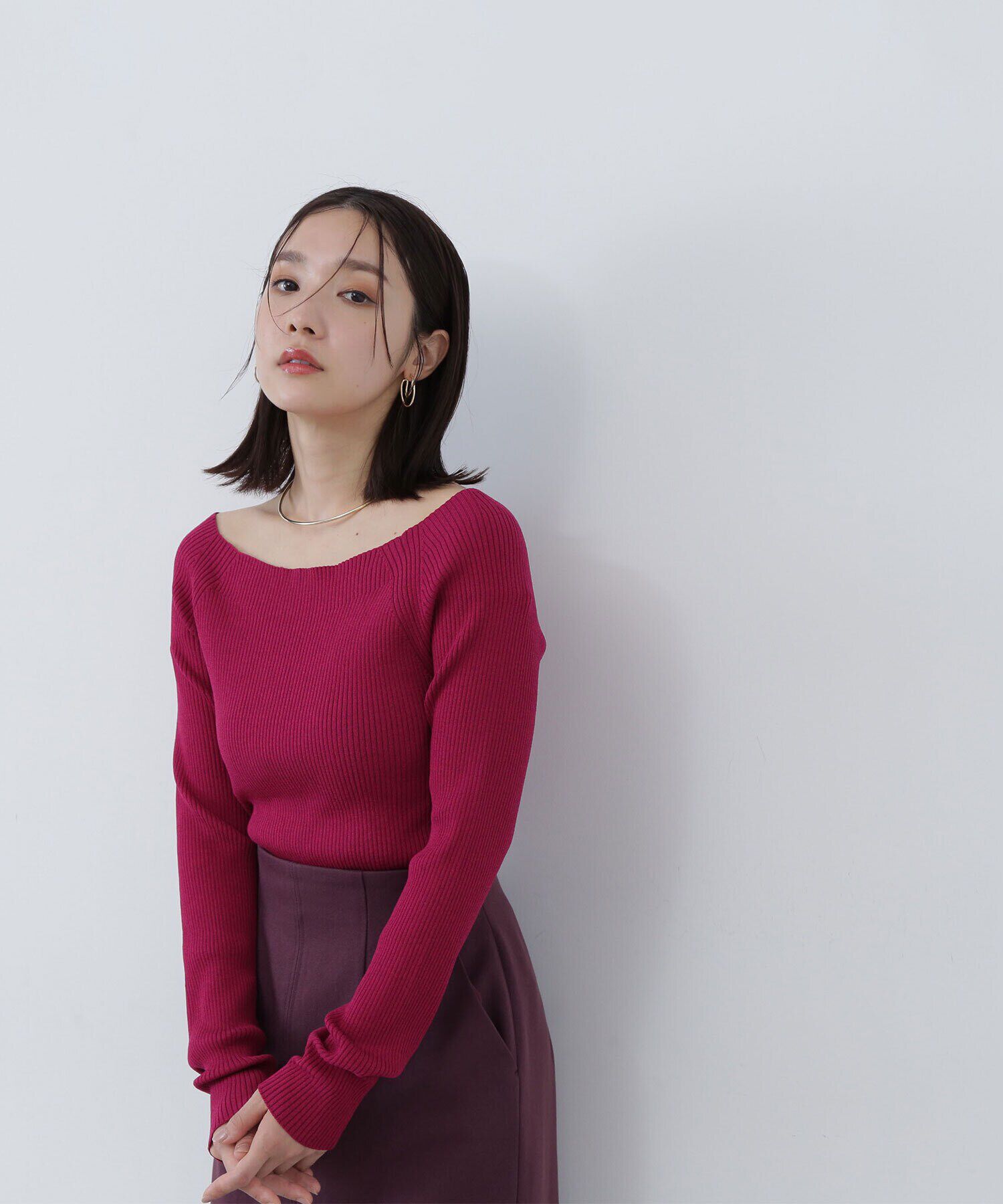  「リブベーシックシリーズ ボートネックニット」|ニット・セーター|ベリーピンク1