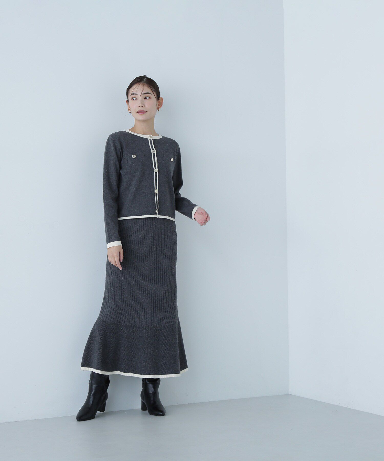  「バイカラーニットジャケット＆スカート」|ワンピース|