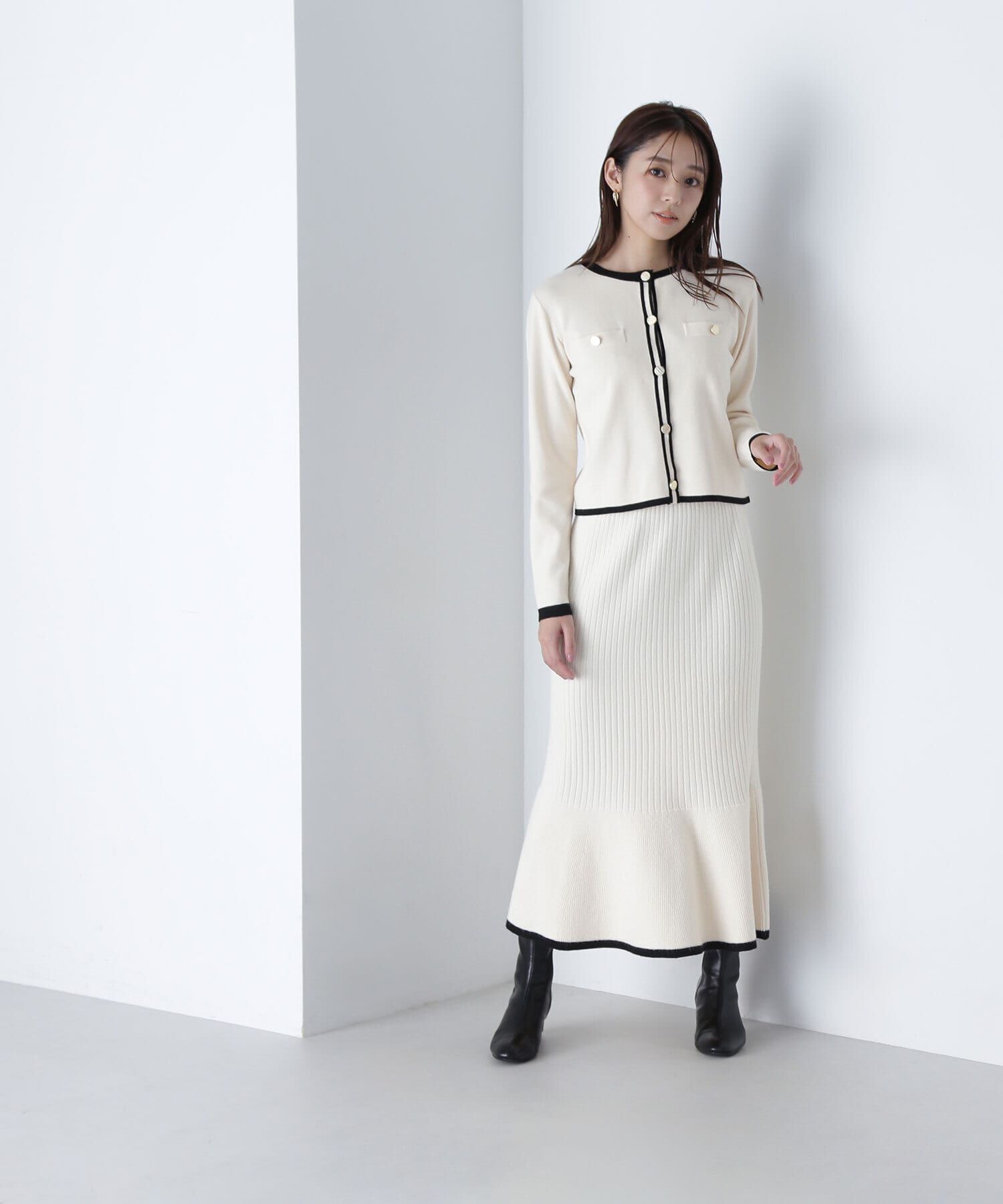  「バイカラーニットジャケット＆スカート」|ワンピース|