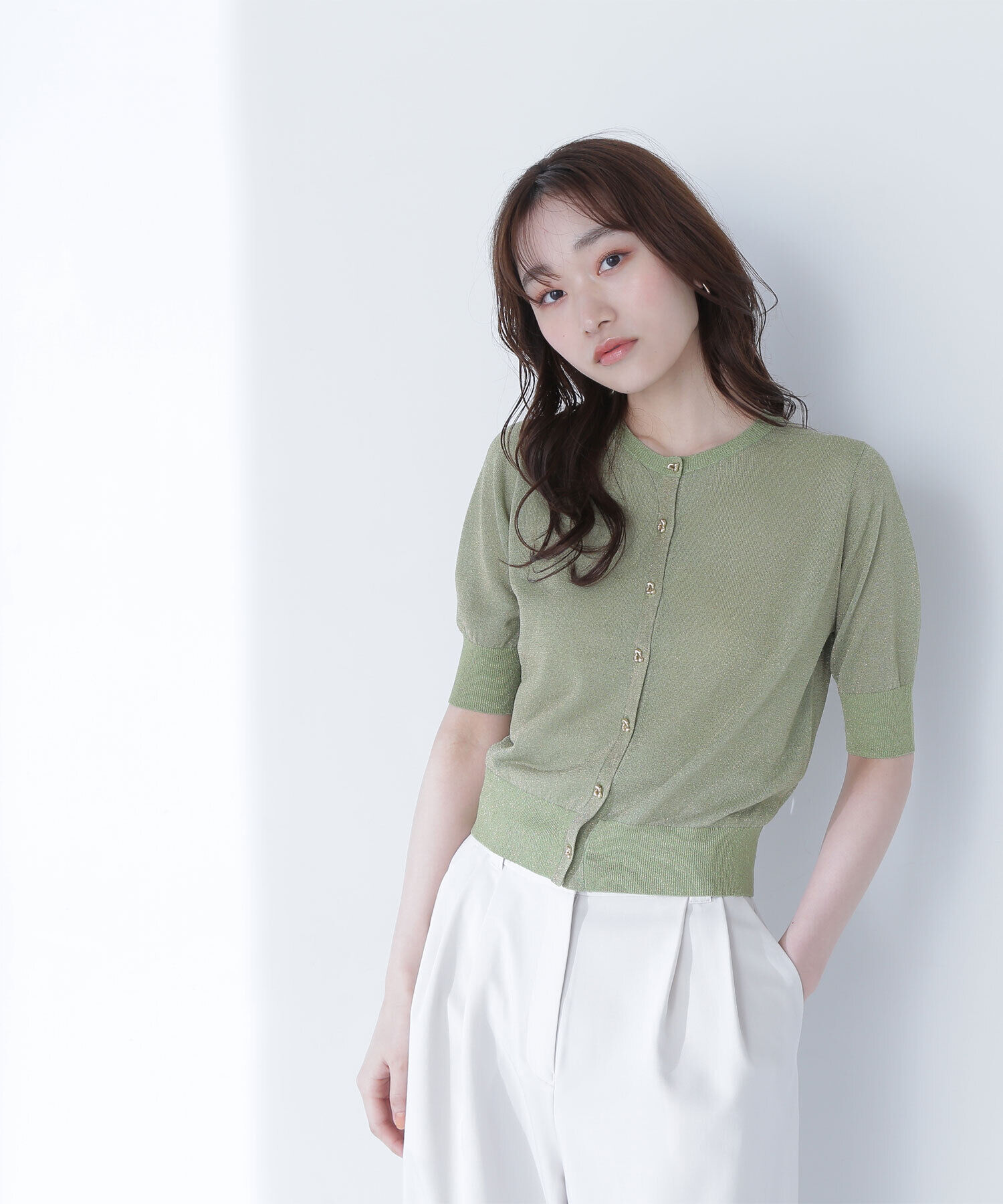  「ハーフスリーブラメカーディガン」|ニット・セーター|ライトグリー