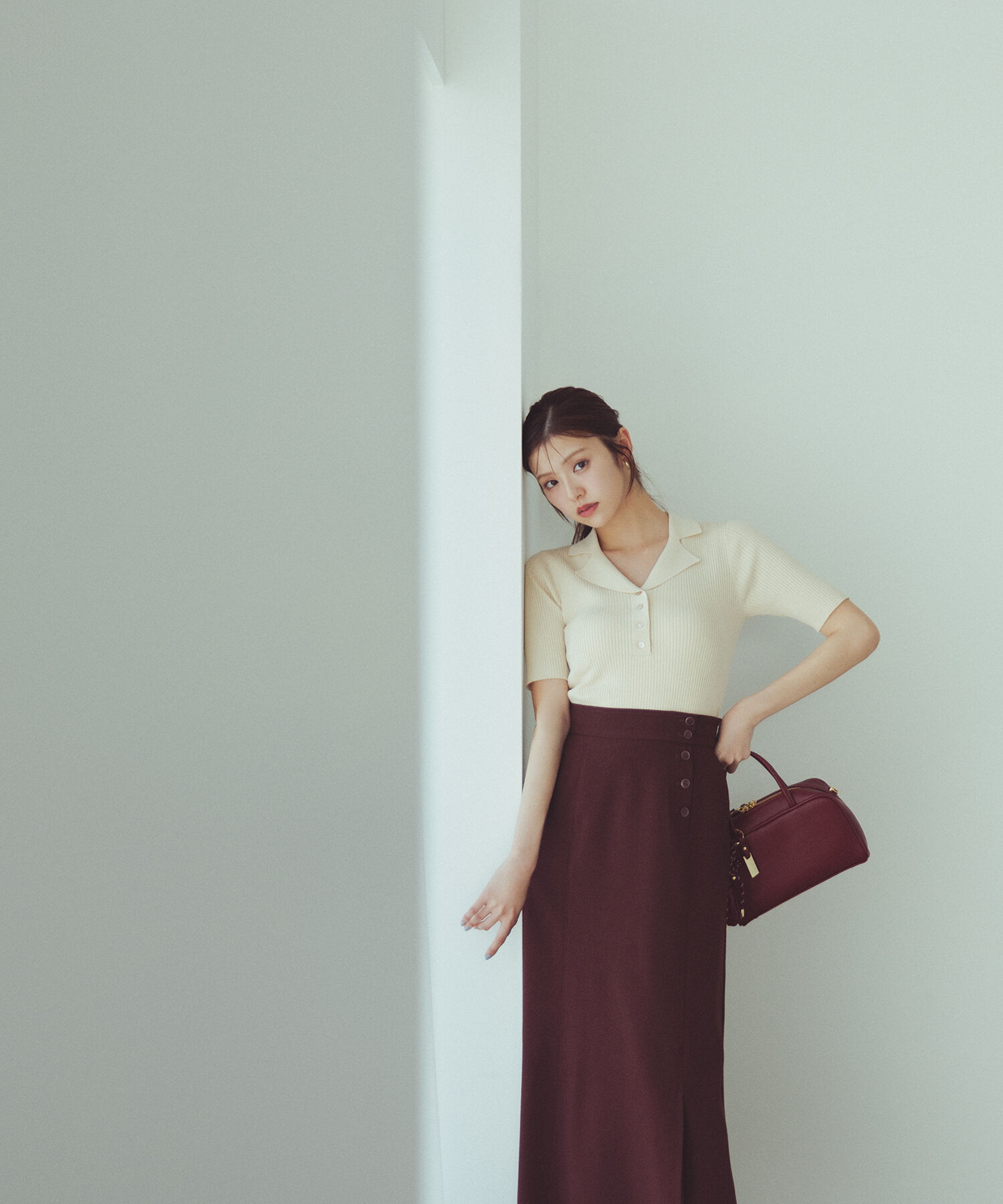  「サイドボタンリネンライクスカート」|スカート|バーガンディ1