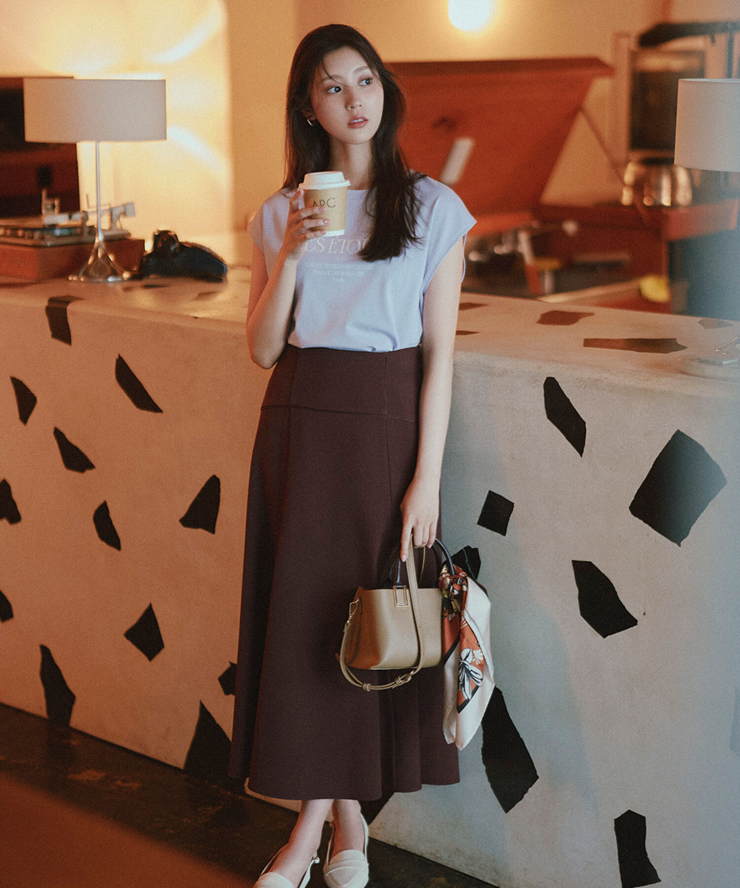  「サテンパイピングフレアスカート」|スカート|バーガンディ1