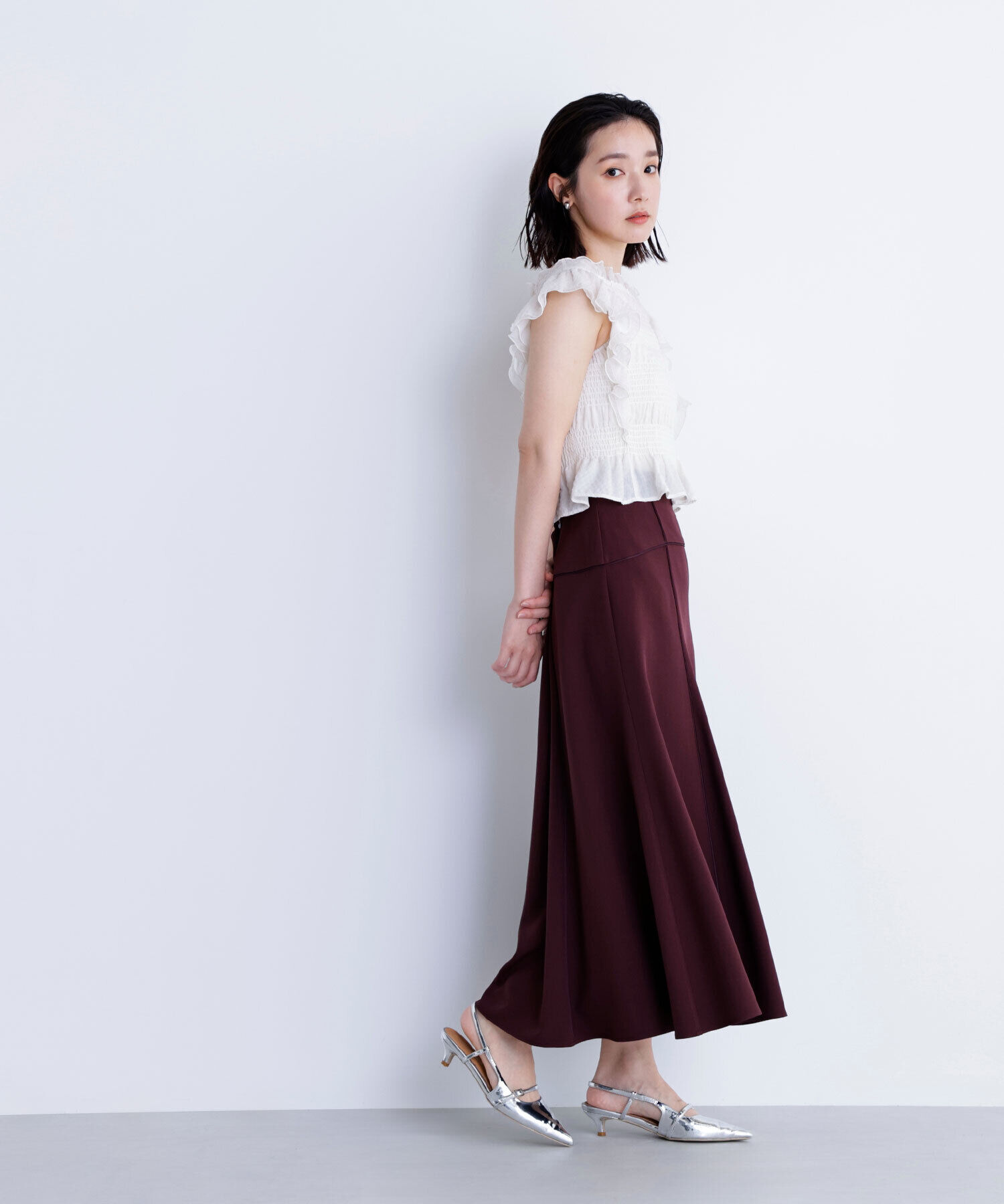  「サテンパイピングフレアスカート」|スカート|