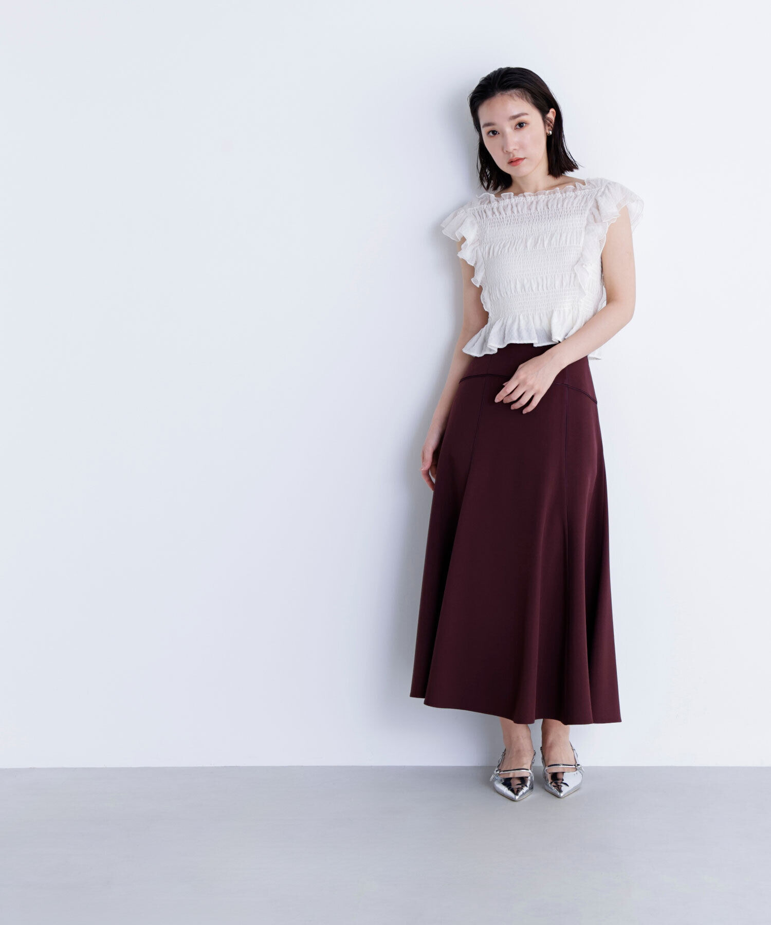  「サテンパイピングフレアスカート」|スカート|