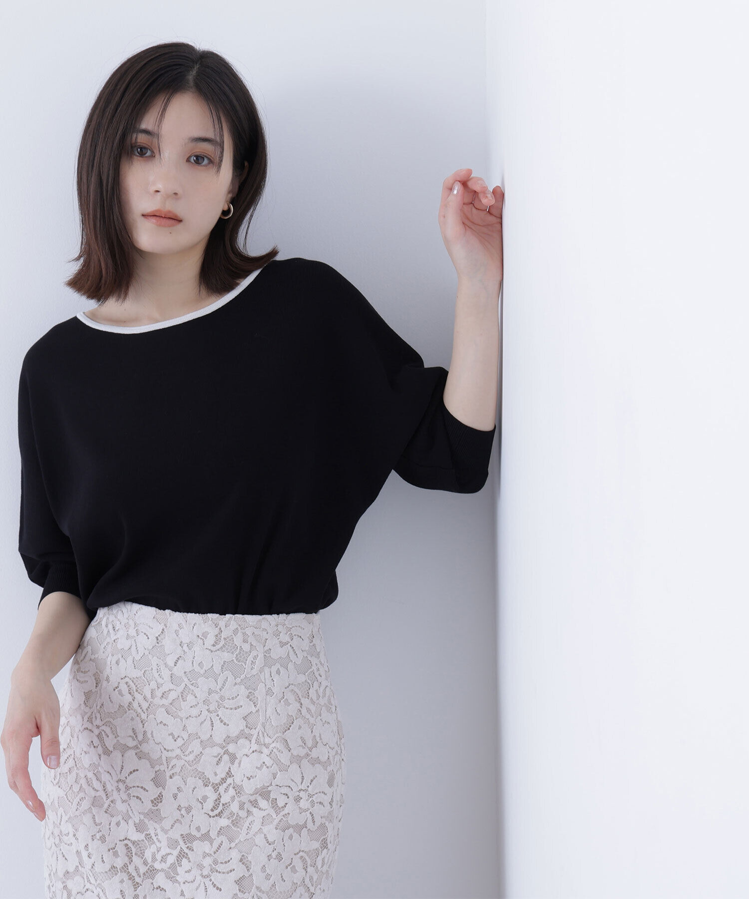  「総針ベーシックシリーズ バイカラードルマンニット」|ニット・セーター|ブラック&times;オ  3