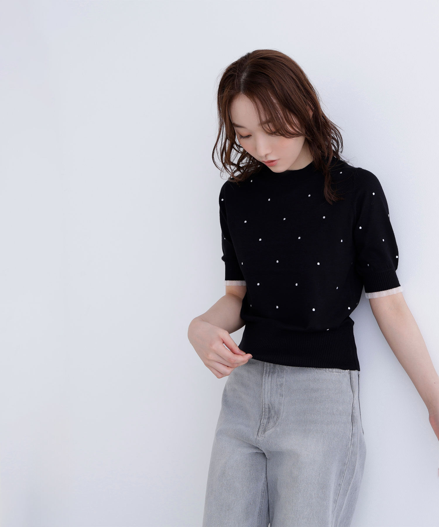  「ドット刺繍ハーフスリーブニット」|ニット・セーター|