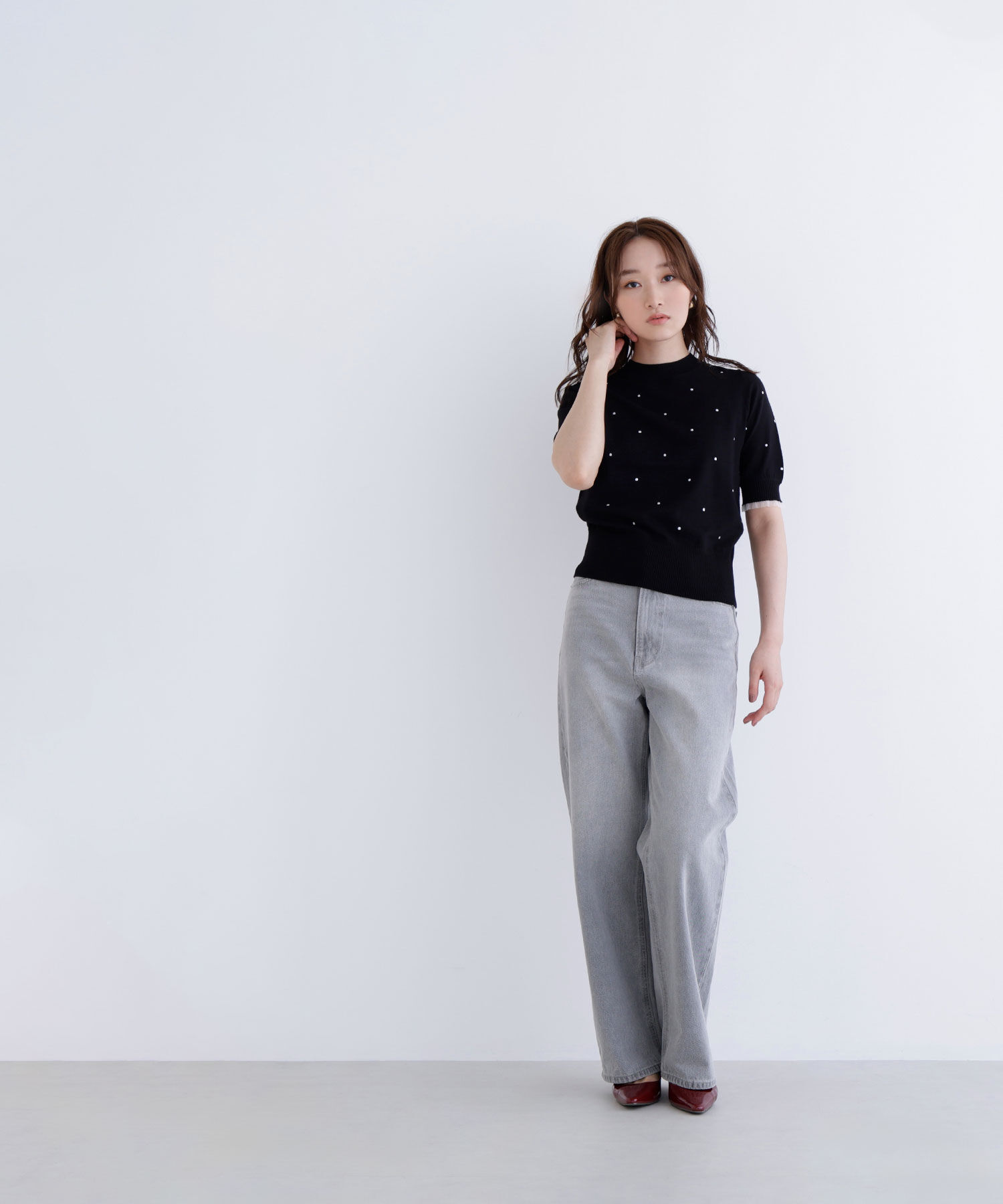  「ドット刺繍ハーフスリーブニット」|ニット・セーター|