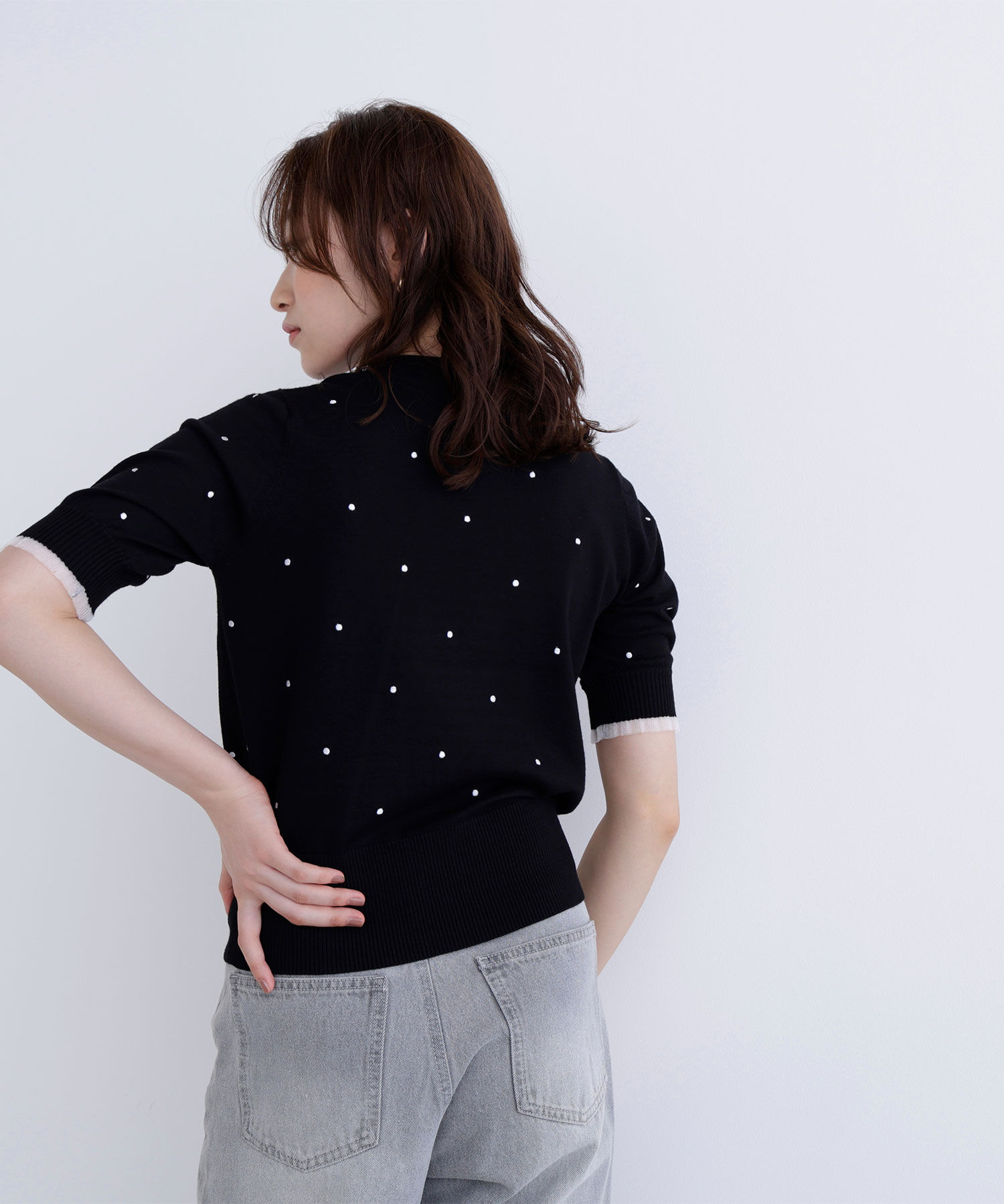  「ドット刺繍ハーフスリーブニット」|ニット・セーター|