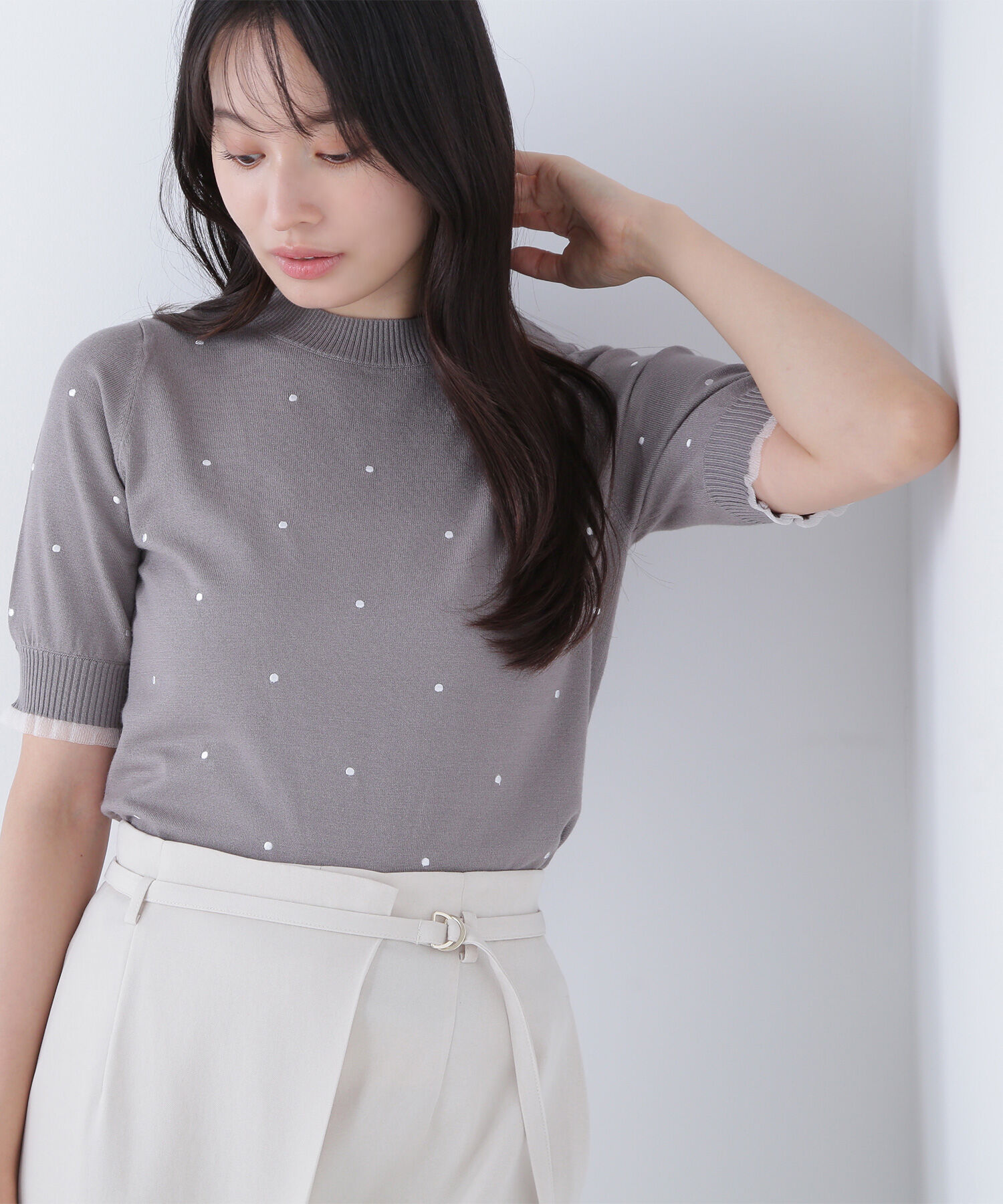 「ドット刺繍ハーフスリーブニット」|ニット・セーター|