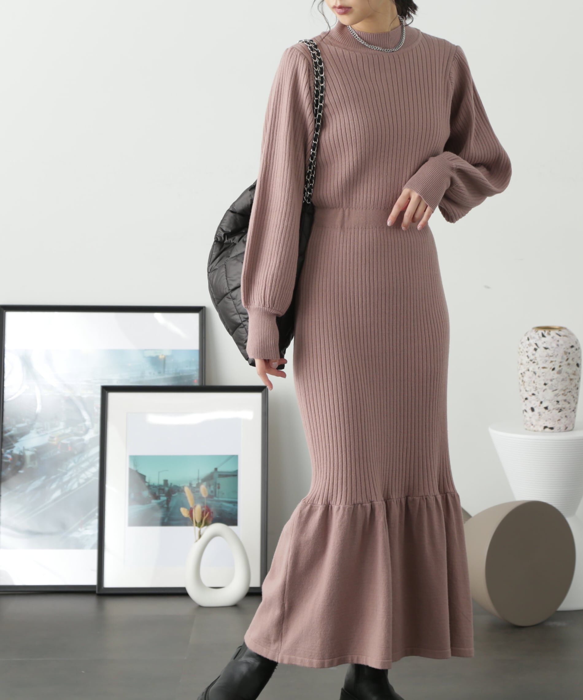  「ウォームストレッチバックパールボタンニットワンピース」|ワンピース|