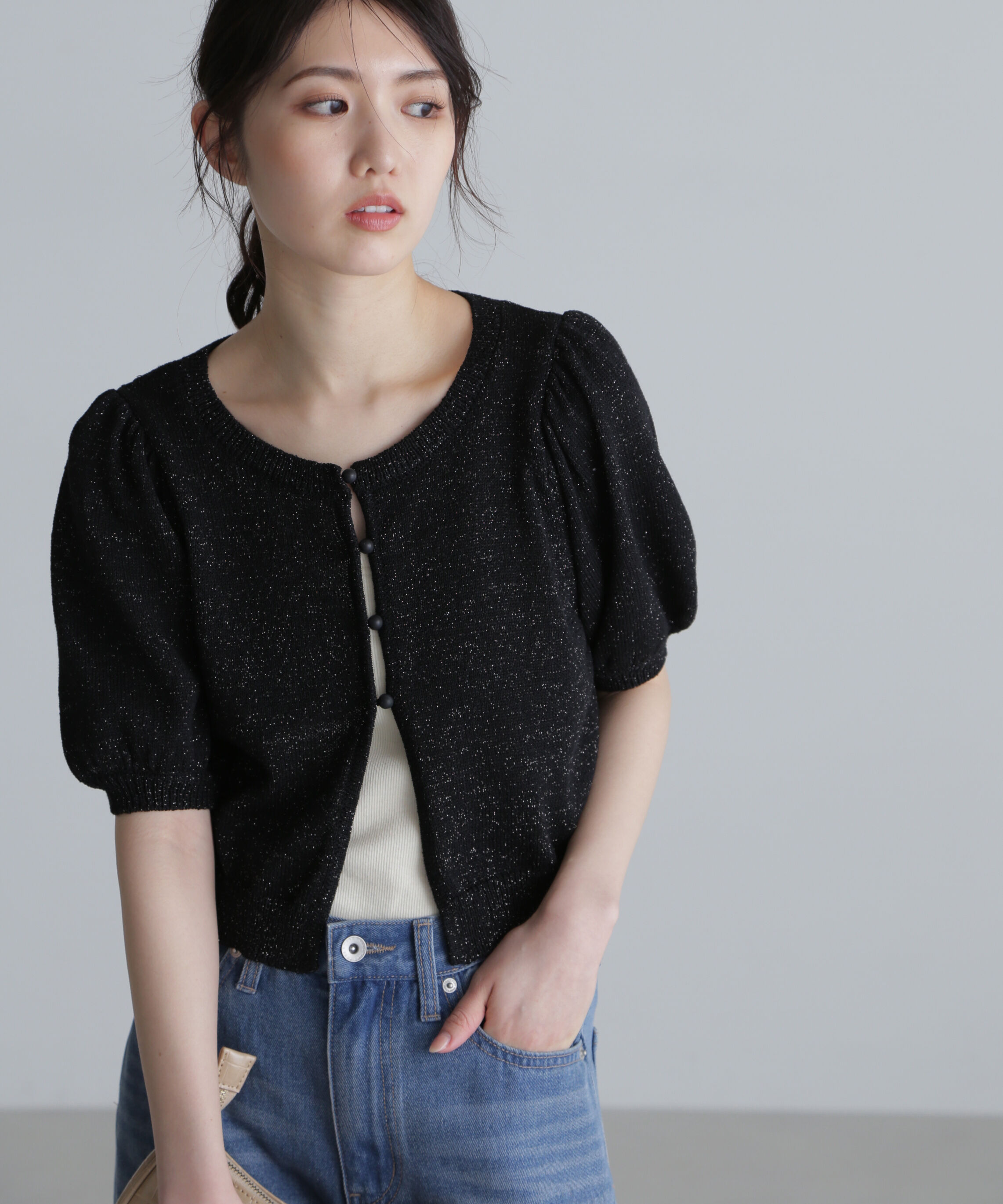  「ラメミックスパフスリーブニットカーディガン」|ニット・セーター|