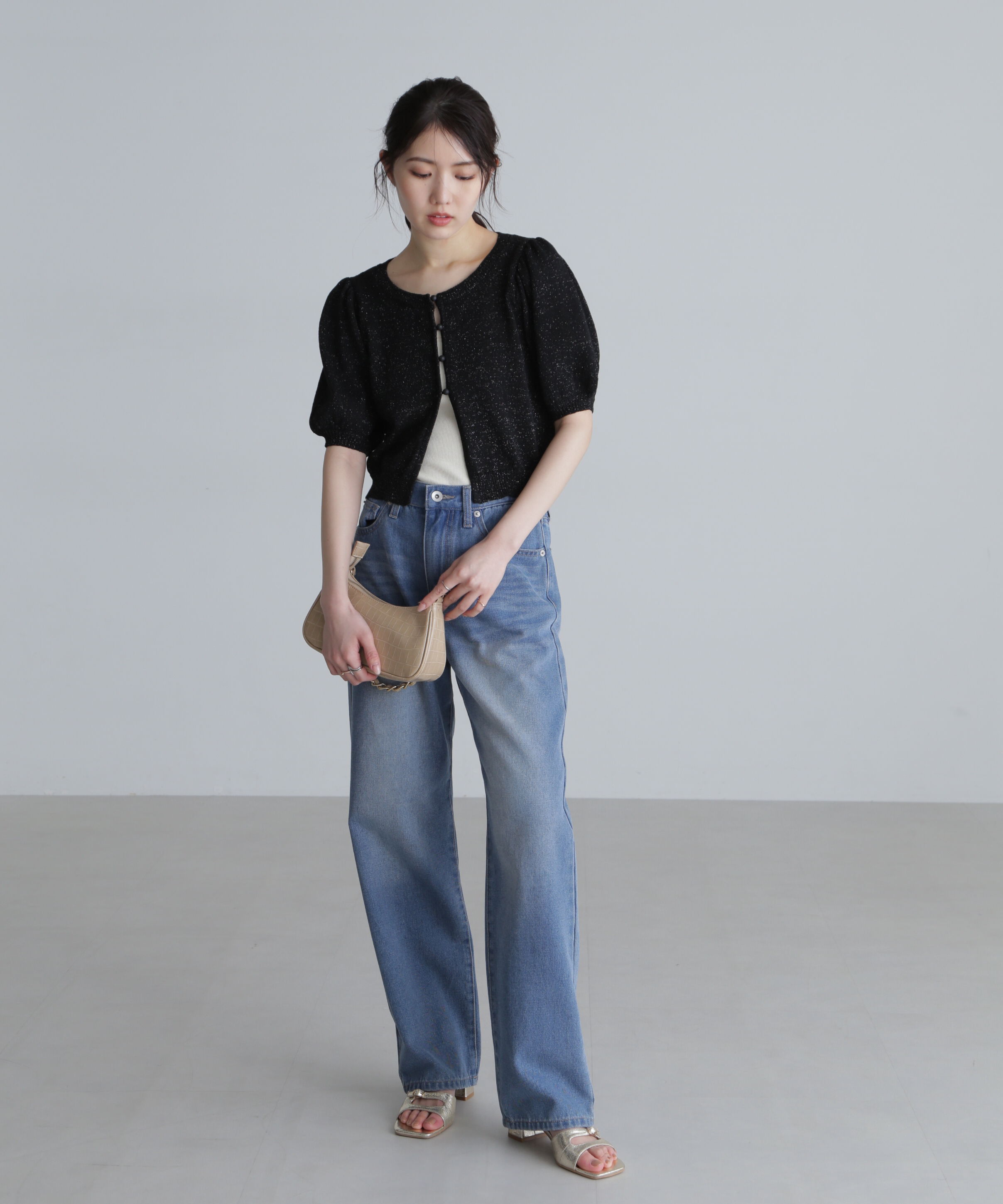  「ラメミックスパフスリーブニットカーディガン」|ニット・セーター|