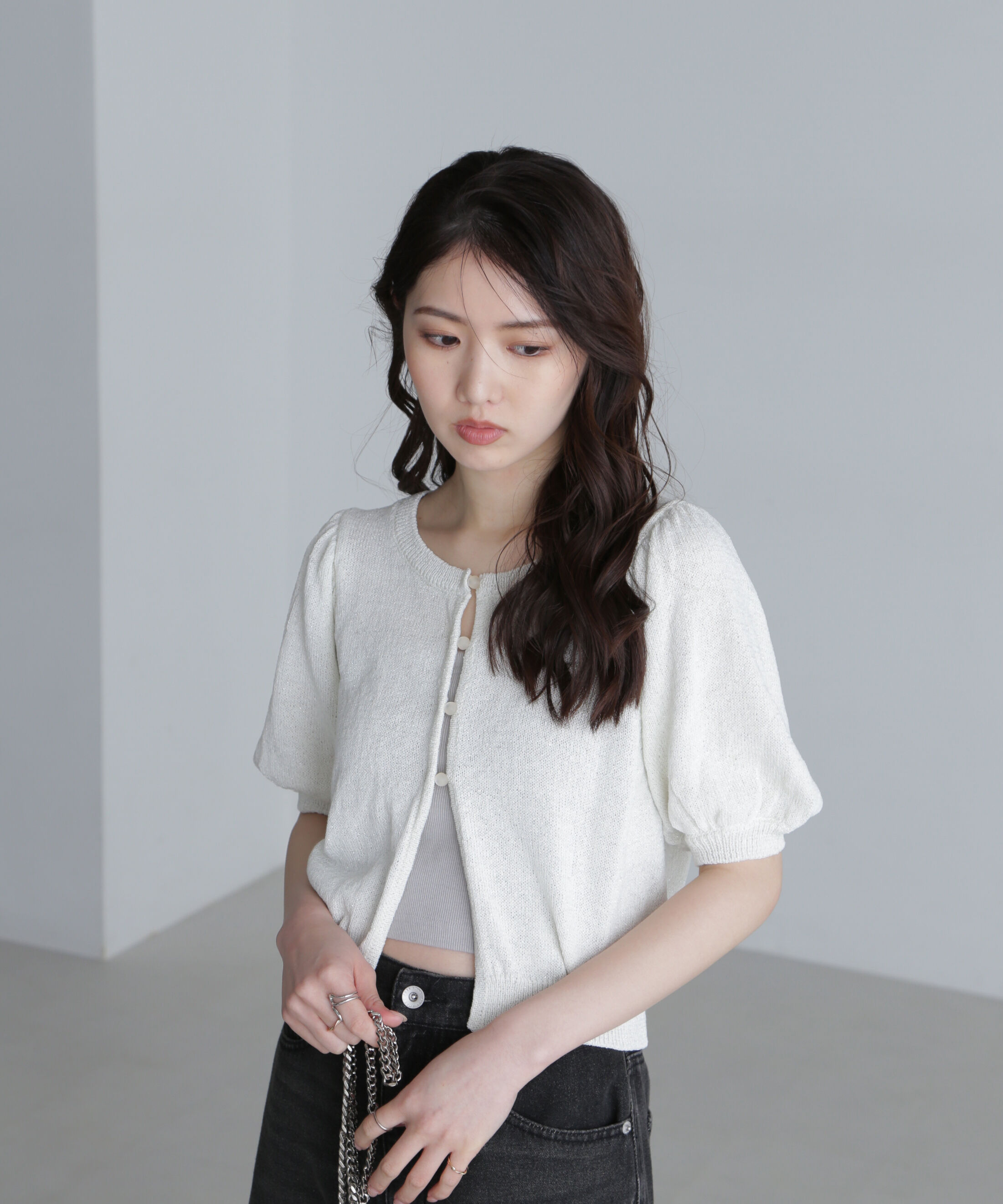  「ラメミックスパフスリーブニットカーディガン」|ニット・セーター|