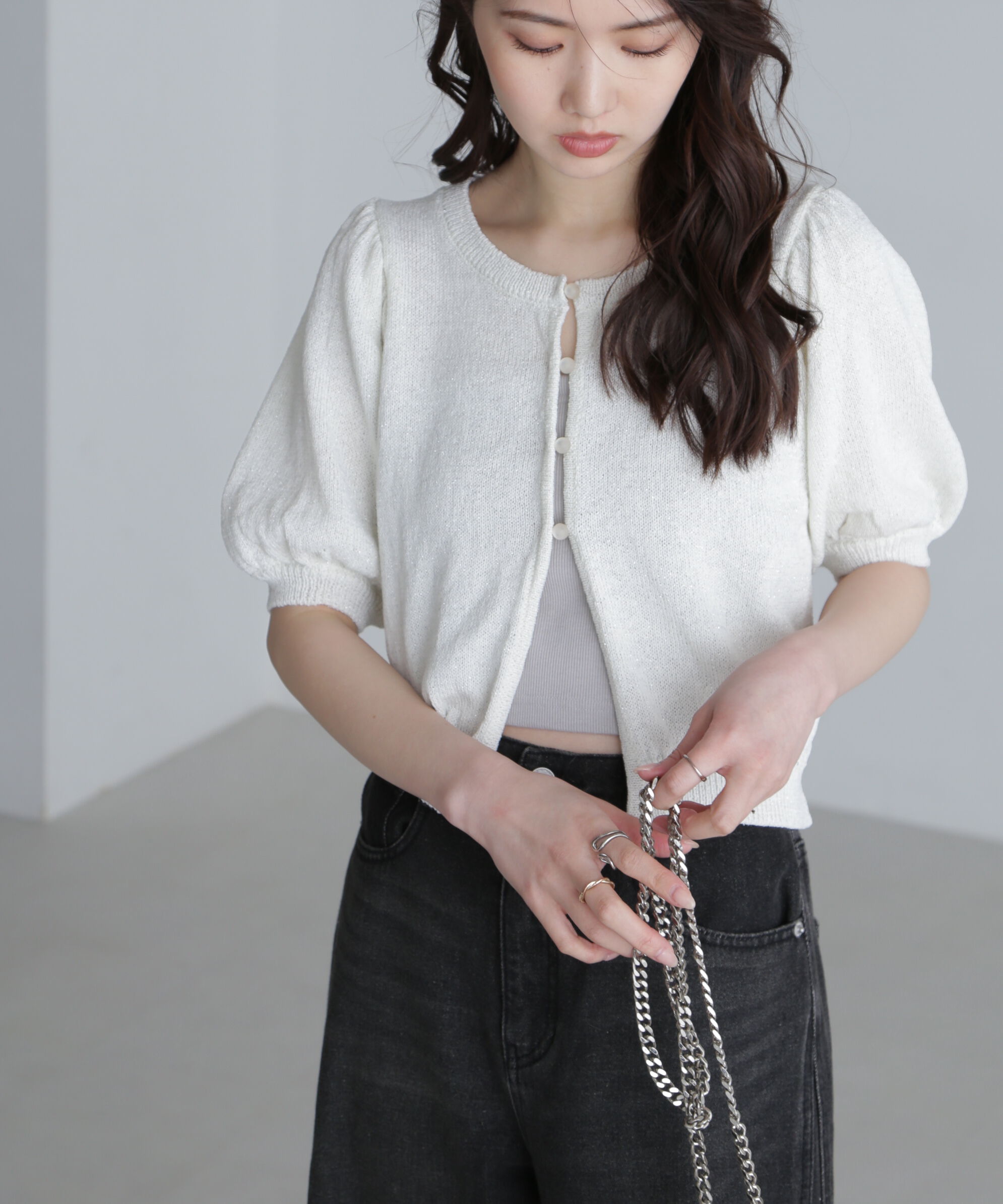  「ラメミックスパフスリーブニットカーディガン」|ニット・セーター|