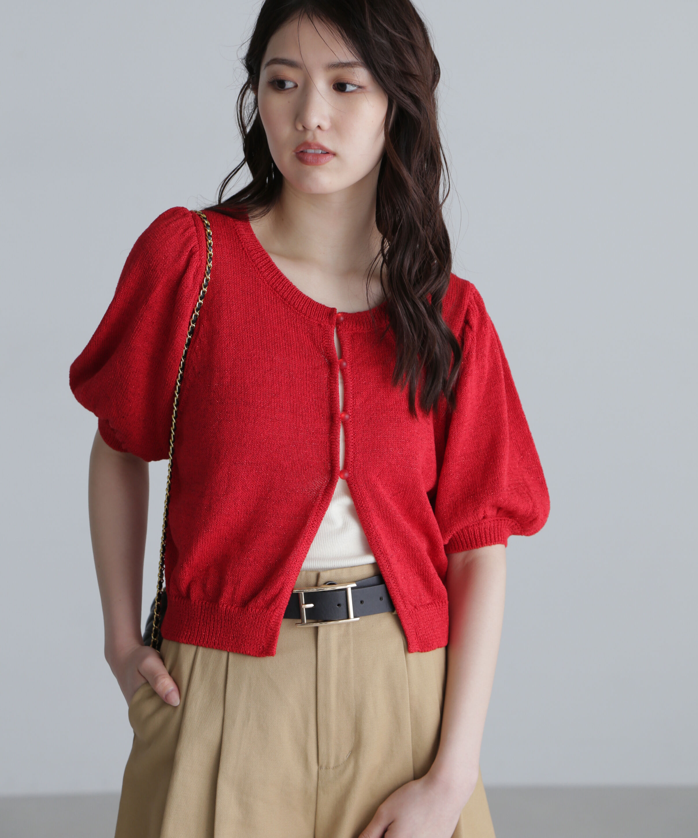  「ラメミックスパフスリーブニットカーディガン」|ニット・セーター|