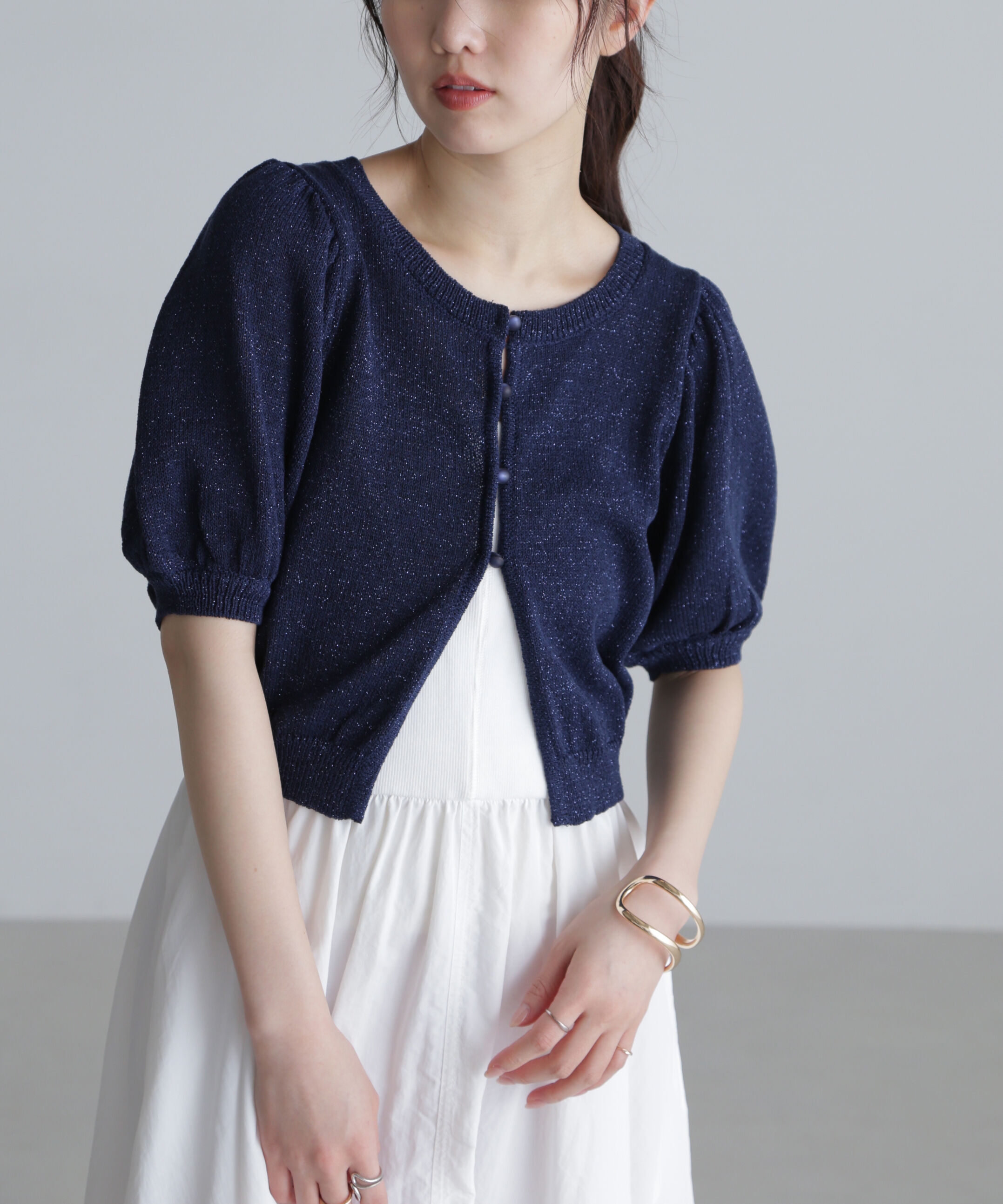  「ラメミックスパフスリーブニットカーディガン」|ニット・セーター|