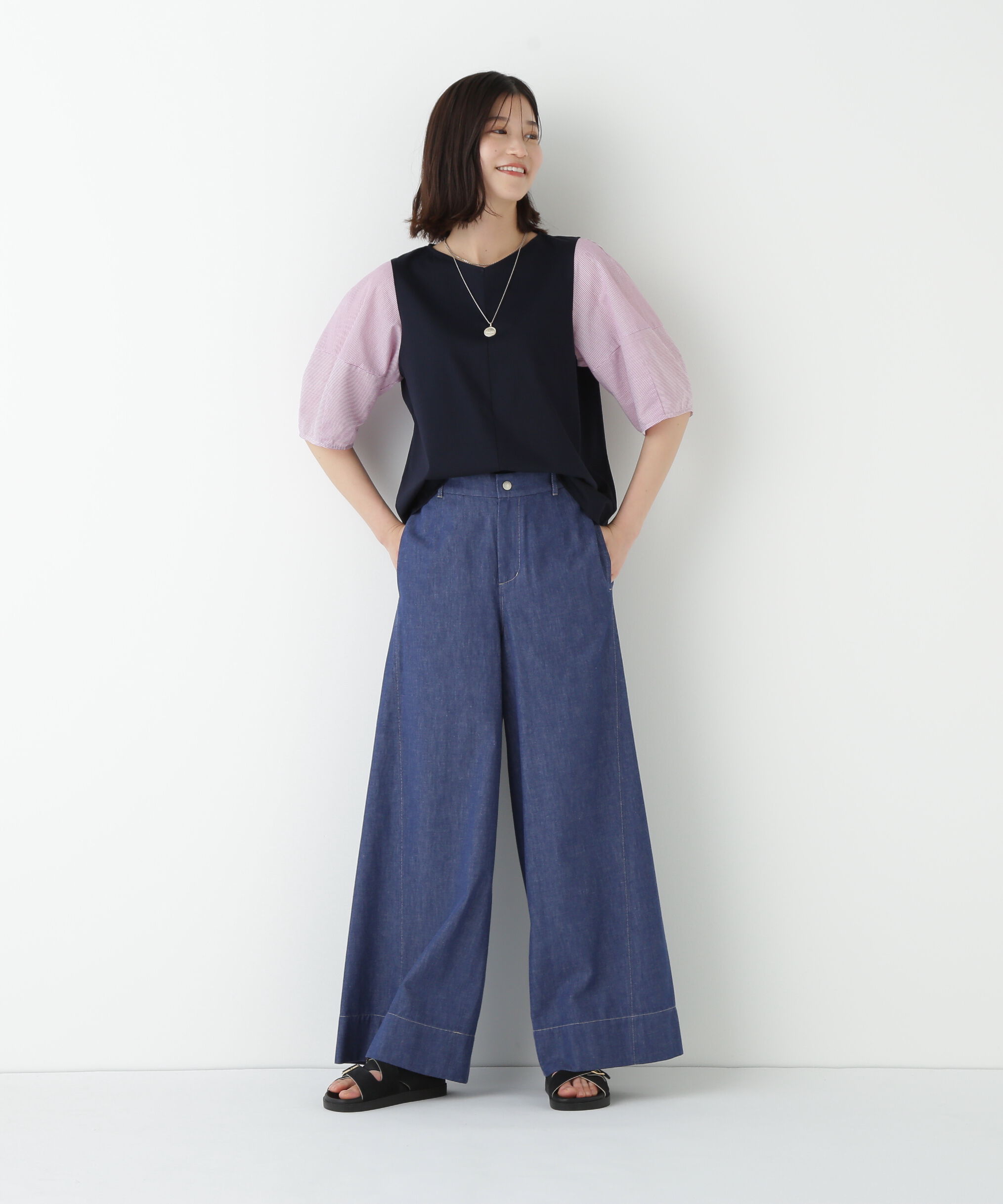  「◆シアーストライプドッキングＶネックカットソープルオーバー」|Tシャツ・カットソー|