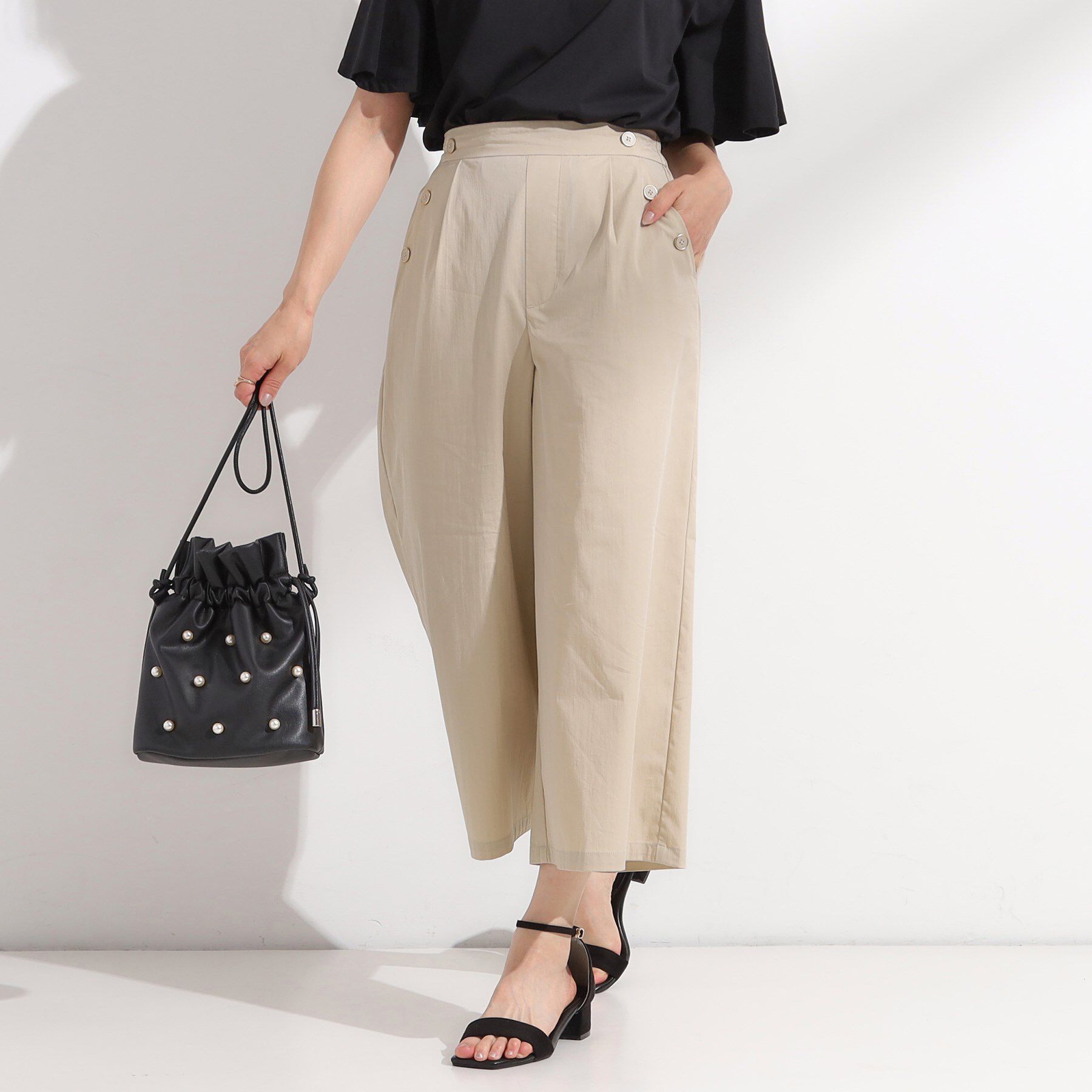 SHOO･LA･RUE「【S-LL/ひんやり/UV】すっきり見えマリン風 ガウチョパンツ」|その他|ベージュ(052)